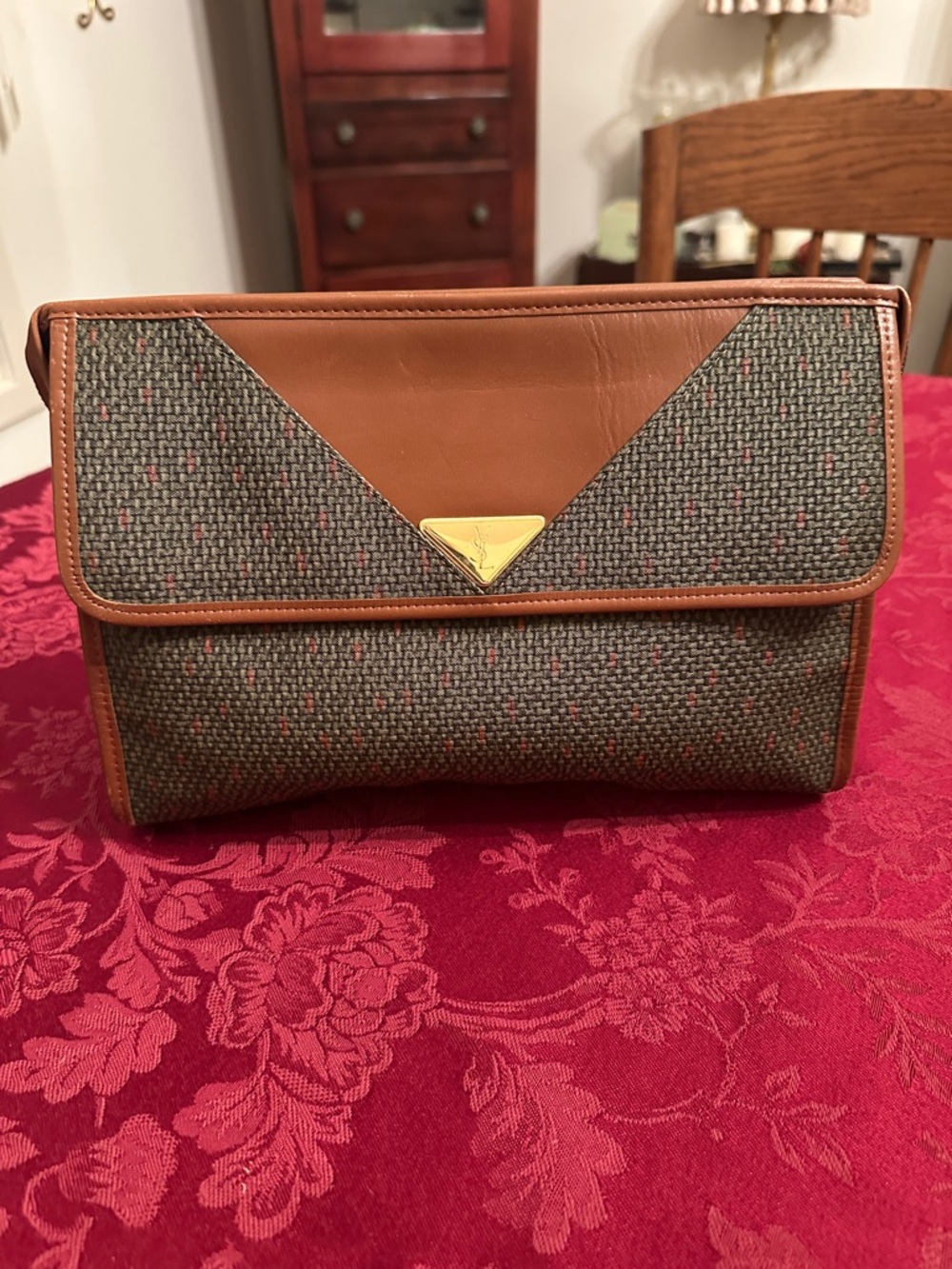 YSL Brown & Green Leather & PVC Zip Pouch